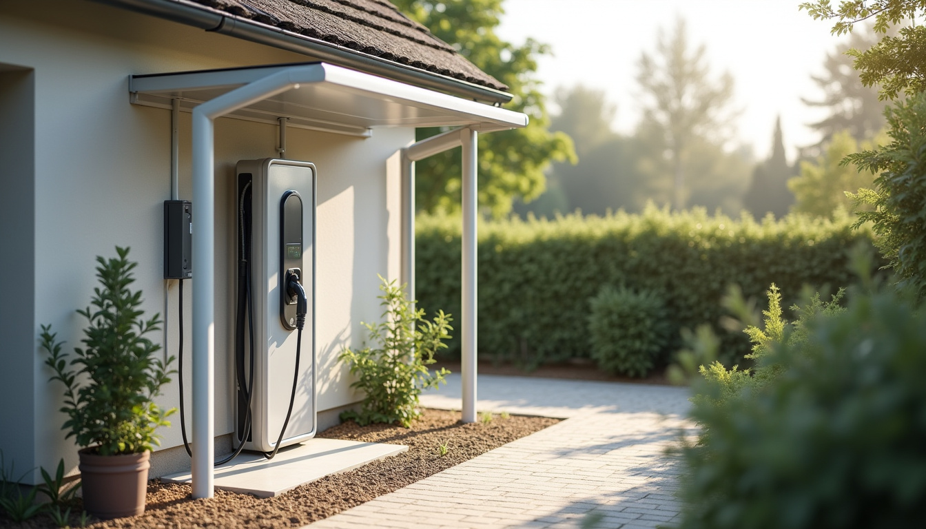 Borne de recharge électrique installée à l'extérieur d'une maison à Saint-Martin-d'Ablois, protégée par un abri