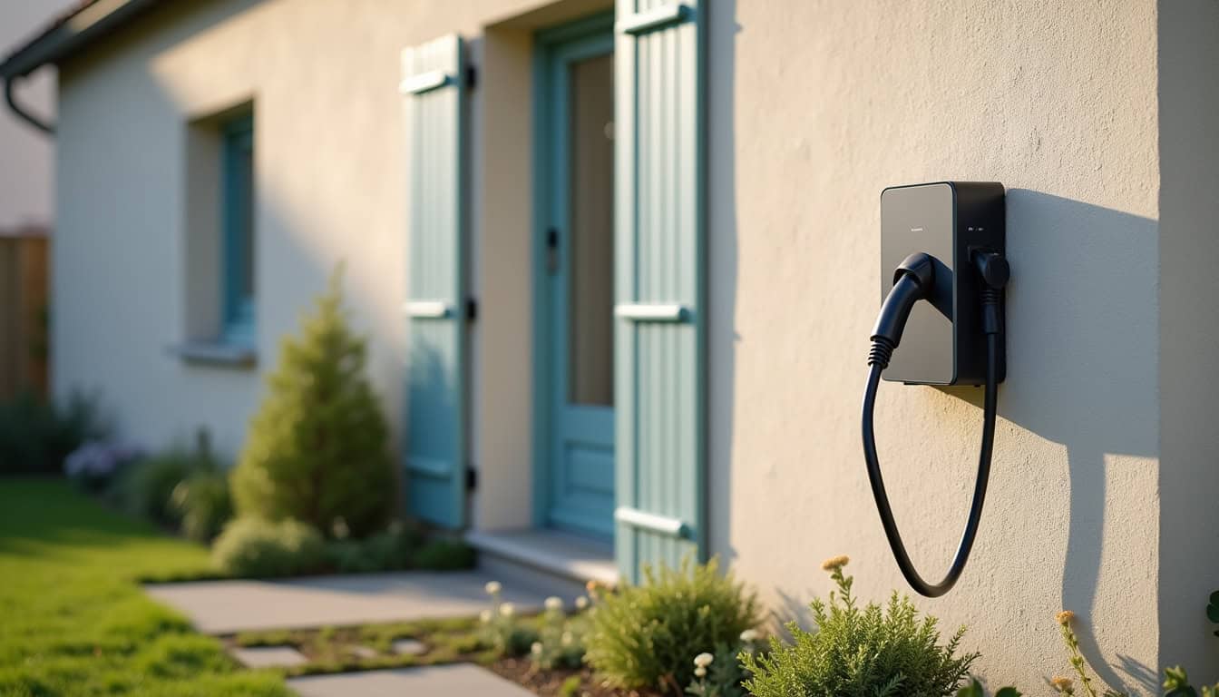 Borne de recharge électrique installée à l'extérieur d'une maison à Saint-Ouen-de-Thouberville