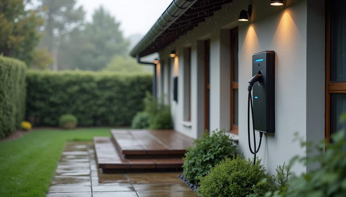Borne de recharge électrique installée à l'extérieur d'une maison à Saulnes, résistante aux intempéries