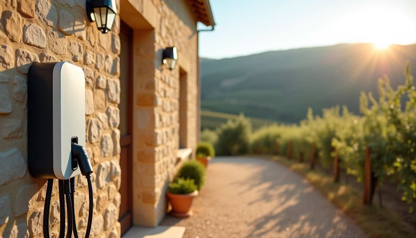 Borne de recharge électrique installée à l'extérieur d'une maison à Sauzet, en milieu rural, avec vue sur les collines environnantes