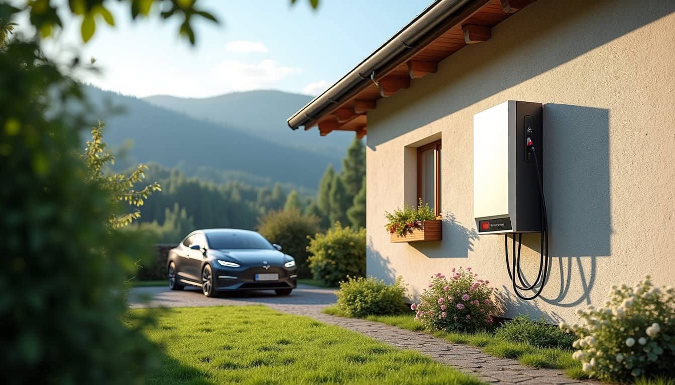 Borne de recharge électrique installée à l'extérieur d'une maison à Soultzeren