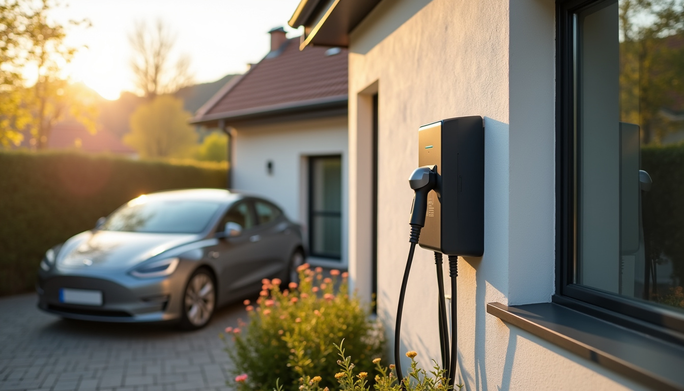 Borne de recharge électrique installée à l'extérieur d'une maison à Stuckange, en situation réelle