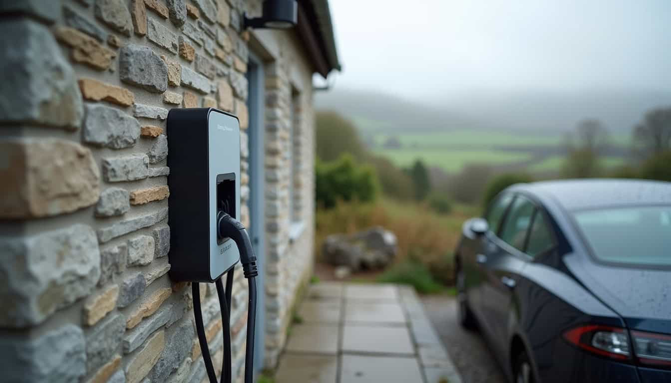 Borne de recharge électrique installée à l'extérieur d'une maison à Tréméven, fonctionnant au quotidien