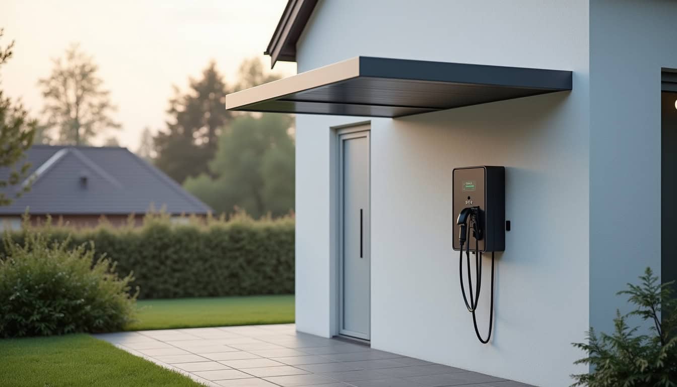 Borne de recharge électrique installée à l'extérieur d'une maison à Val d'Anast, protégée des intempéries