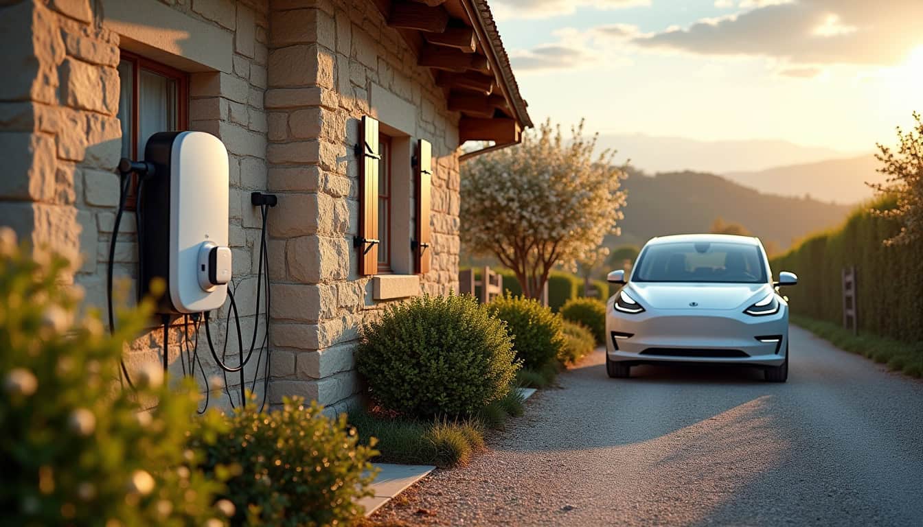 Borne de recharge électrique installée à l’extérieur d’une maison à Vercel-Villedieu-le-Camp