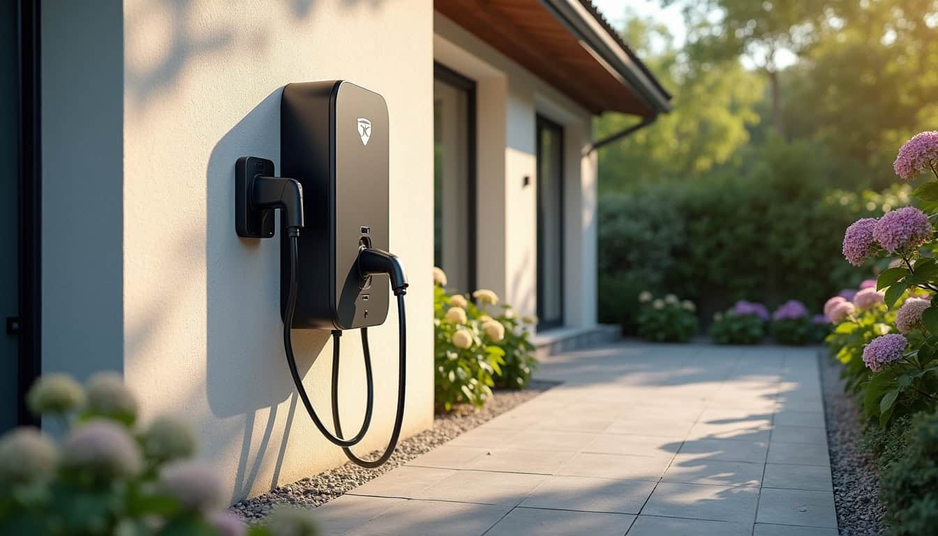 Borne de recharge électrique installée à l'extérieur d'une maison à Villers-Pol