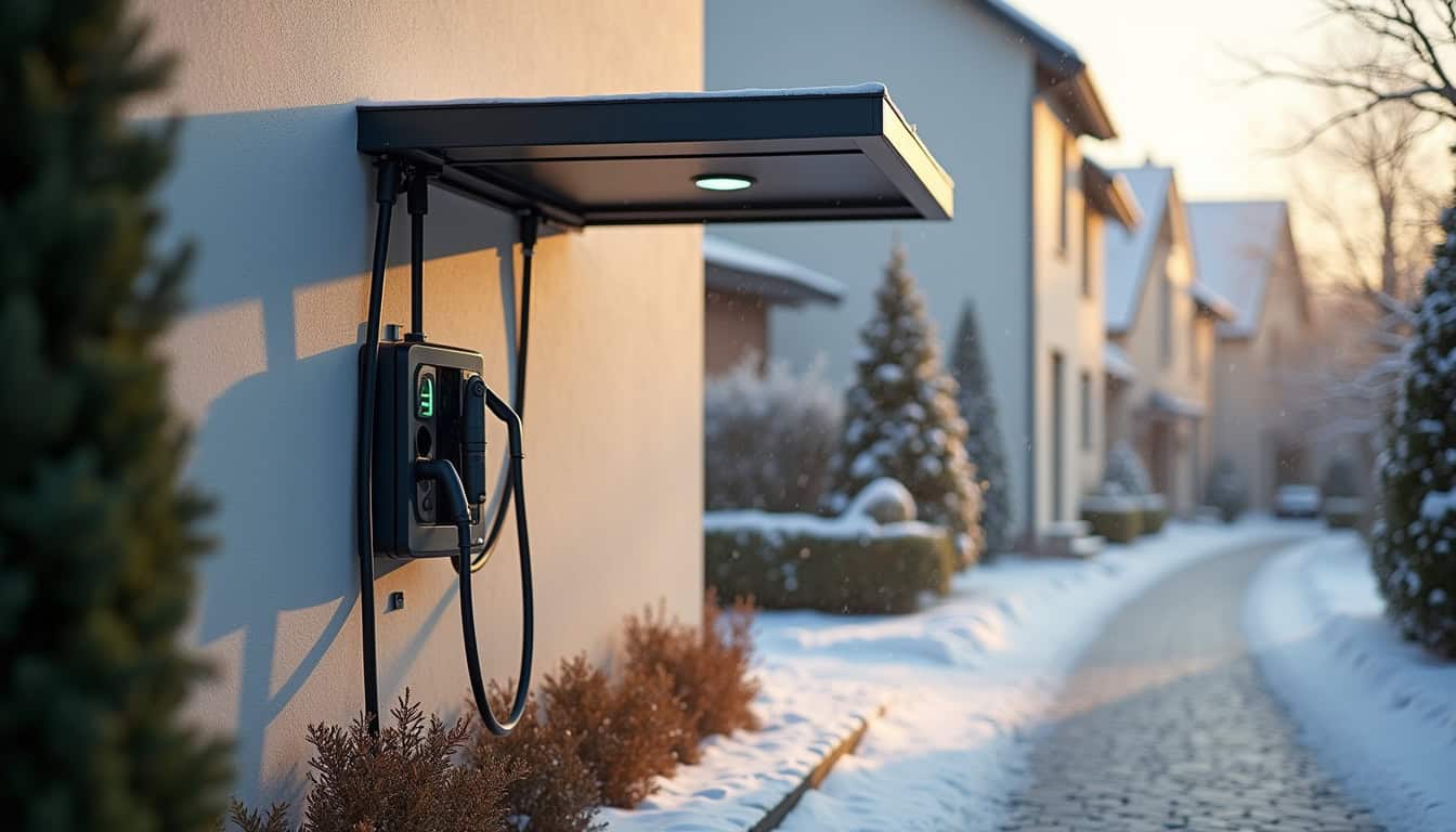 Borne de recharge électrique installée à l'extérieur d'une maison à Zillisheim, protégée contre les intempéries