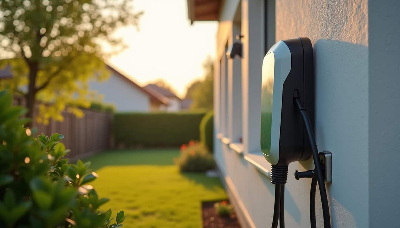Borne de recharge électrique installée à l'extérieur d'une maison avec jardin à Bainville-sur-Madon