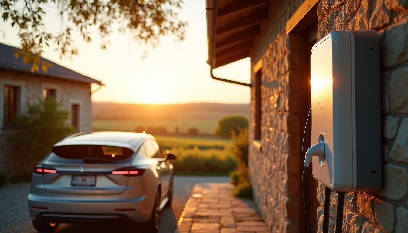 Borne de recharge électrique installée à l'extérieur d'une maison en milieu rural