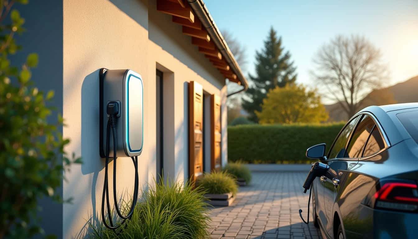 Borne de recharge électrique installée à l'extérieur d'une maison en Rhône