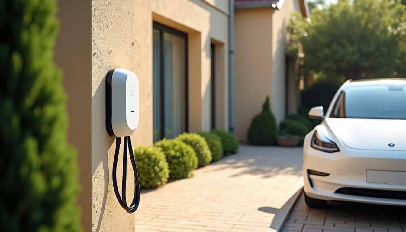 Borne de recharge électrique installée à l'extérieur d'une maison individuelle à La Membrolle-sur-Choisille