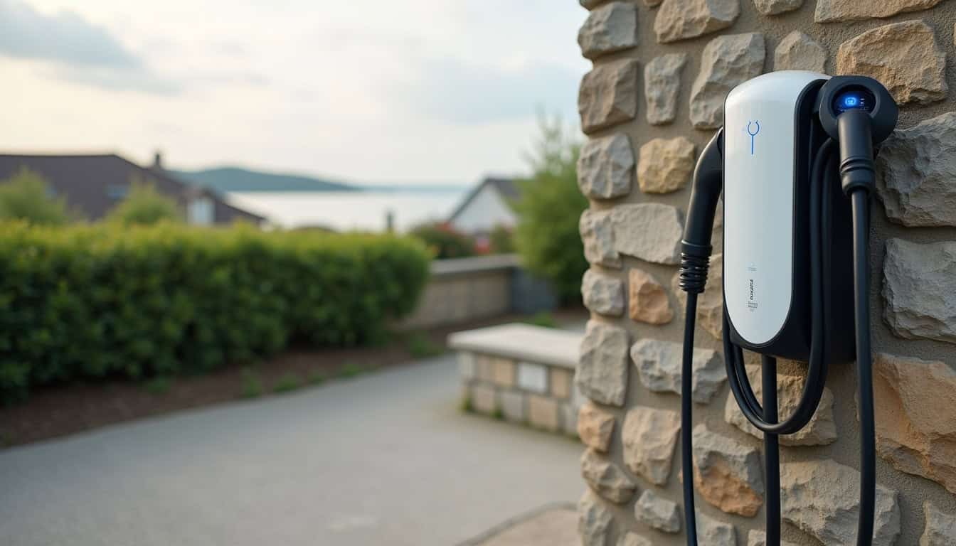 Borne de recharge électrique installée à l’extérieur sur un emplacement de stationnement privé à Saint-Méloir-des-Ondes