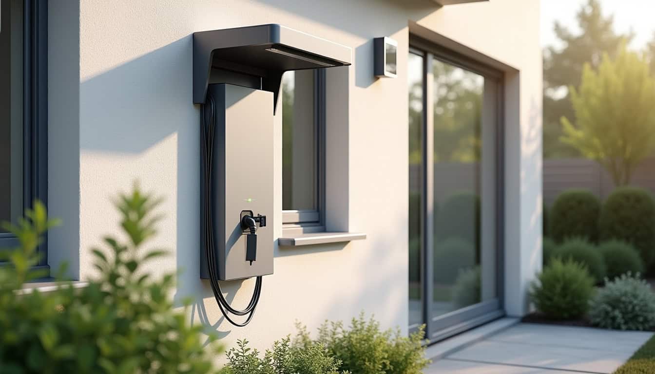 Borne de recharge électrique installée à Neuvecelle, en extérieur près d'une maison individuelle