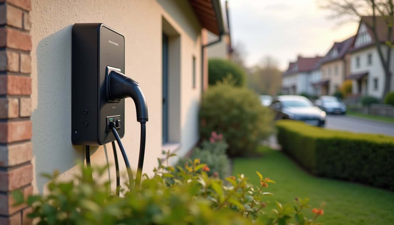 Borne de recharge électrique installée au mur d'une maison à L'Étang-la-Ville