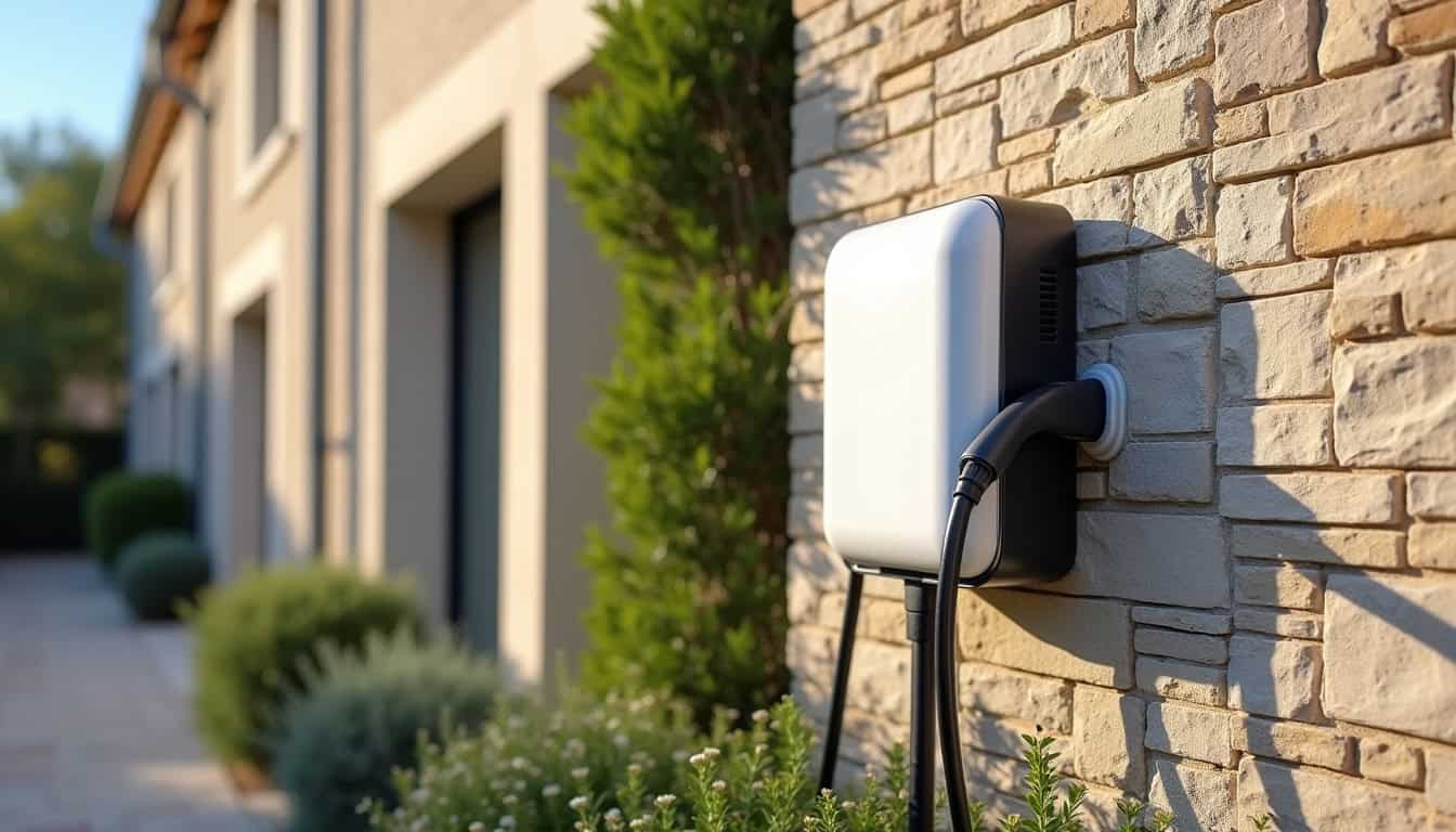 Borne de recharge électrique installée au mur en extérieur, vue de jour à Lespignan