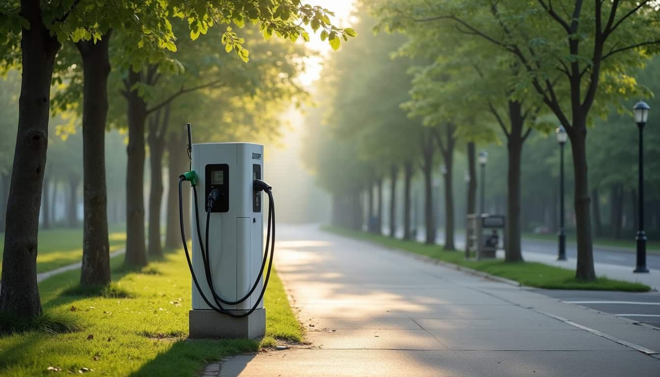 Borne de recharge électrique installée dans le parc du comptoir à Biard, près de l’aéroport
