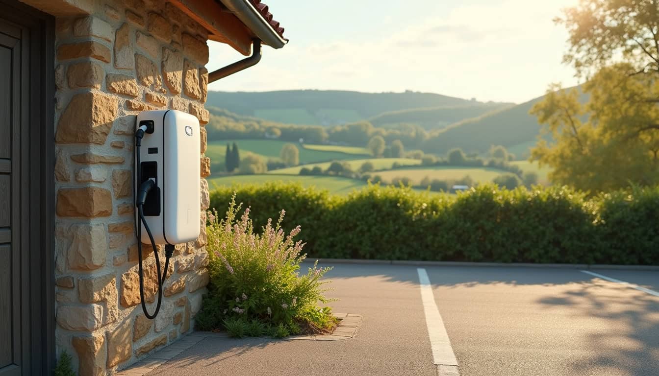 Borne de recharge électrique installée dans un cadre rural avec stationnement privé