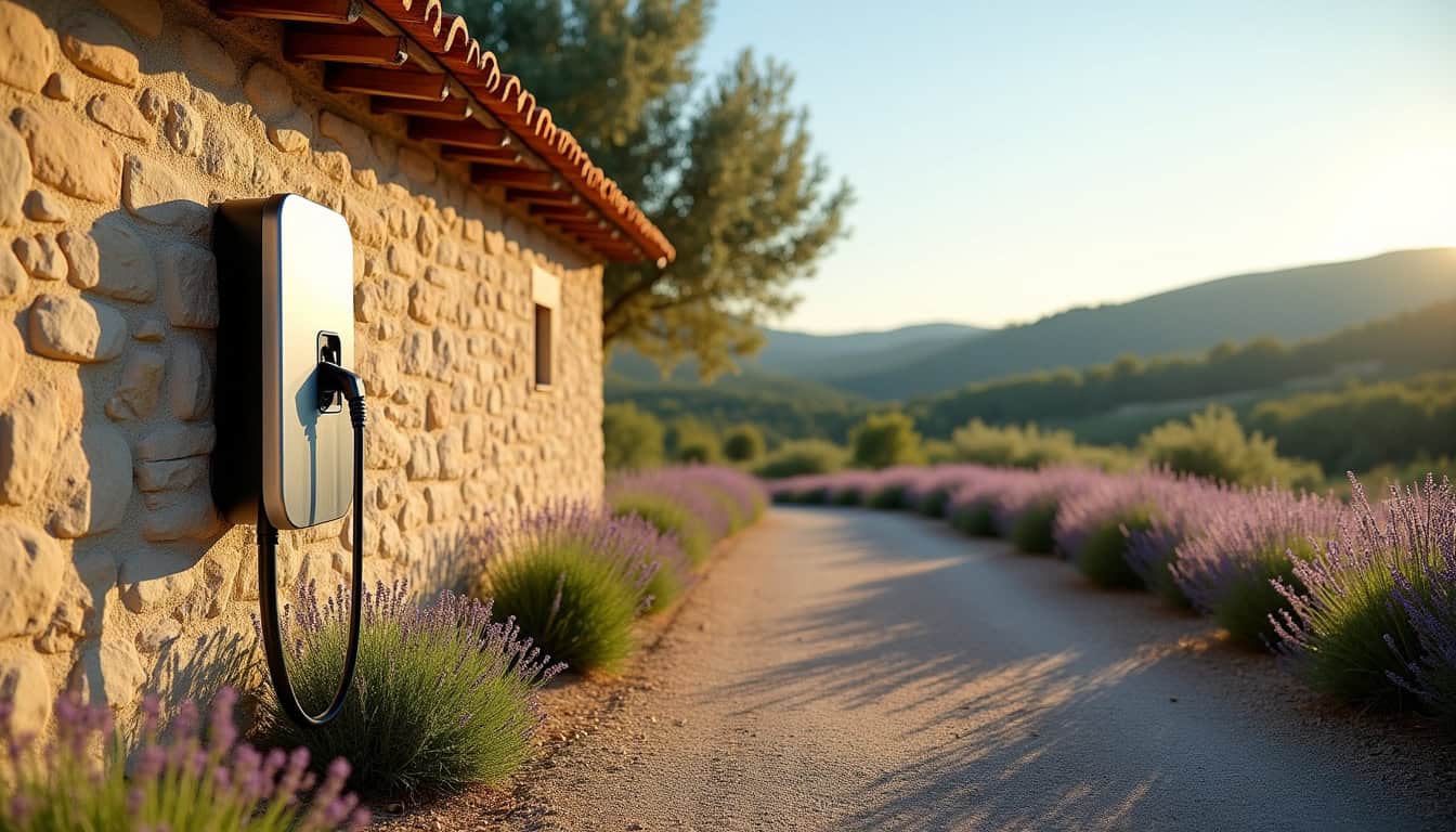 Borne de recharge électrique installée dans un cadre rural typique de Beaumes-de-Venise