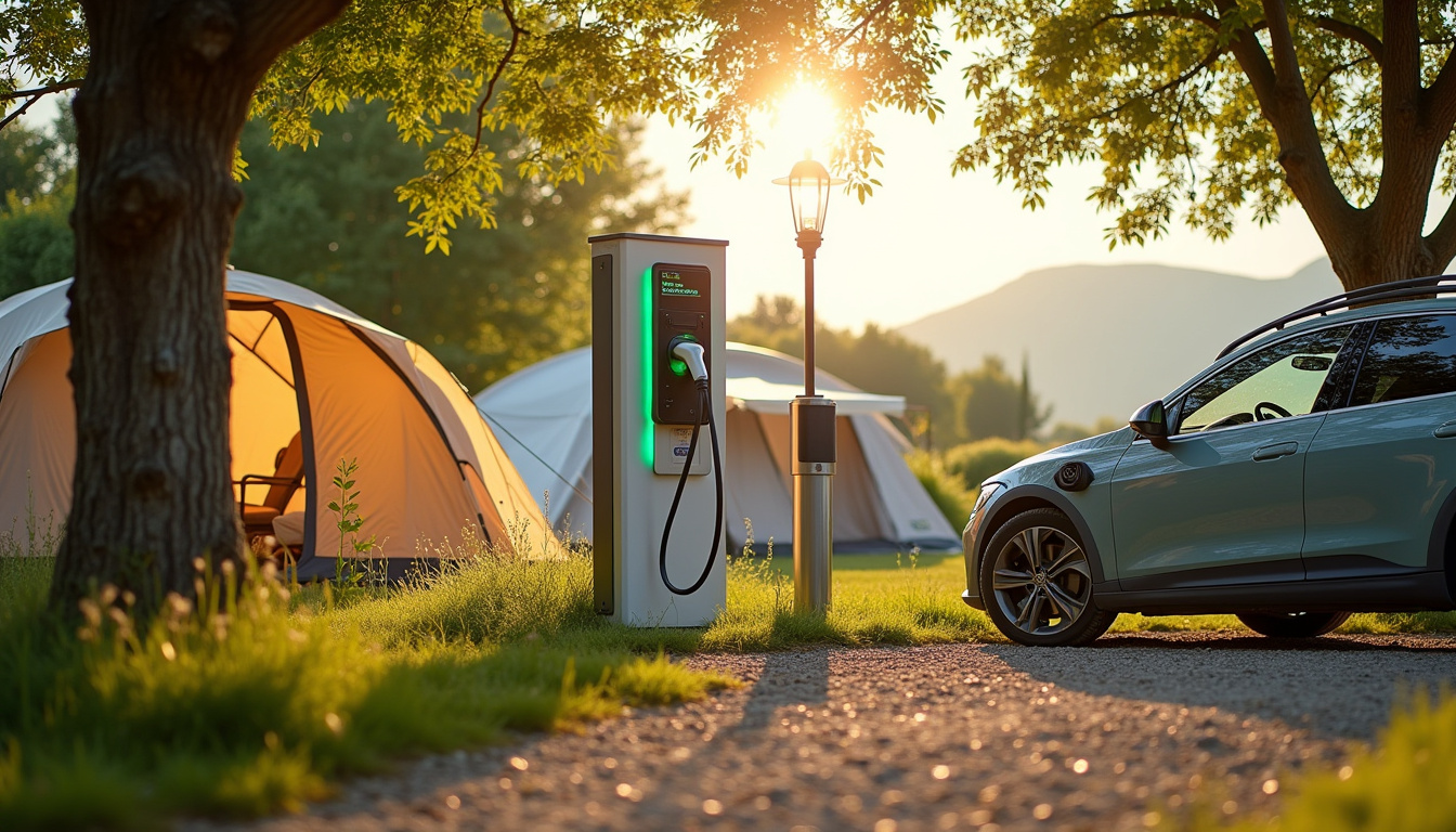 Borne de recharge électrique installée dans un camping à Rouffignac-Saint-Cernin-de-Reilhac