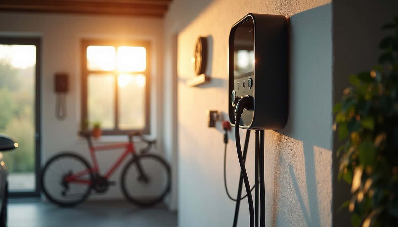 Borne de recharge électrique installée dans un garage à Ardentes, vue en plan rapproché