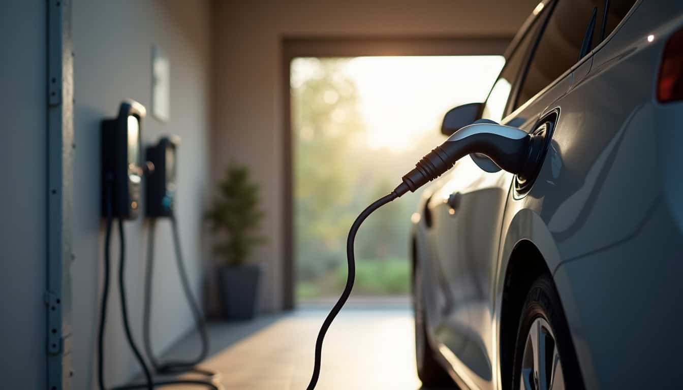 Borne de recharge électrique installée dans un garage à Audierne, vue de jour avec câble branché sur une voiture électrique