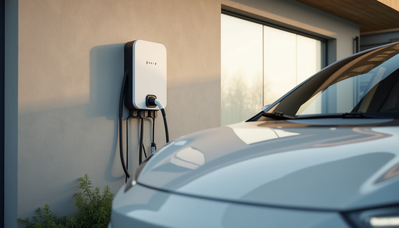 Borne de recharge électrique installée dans un garage à Lésigny, vue générale de l’équipement et du câble raccordé au véhicule