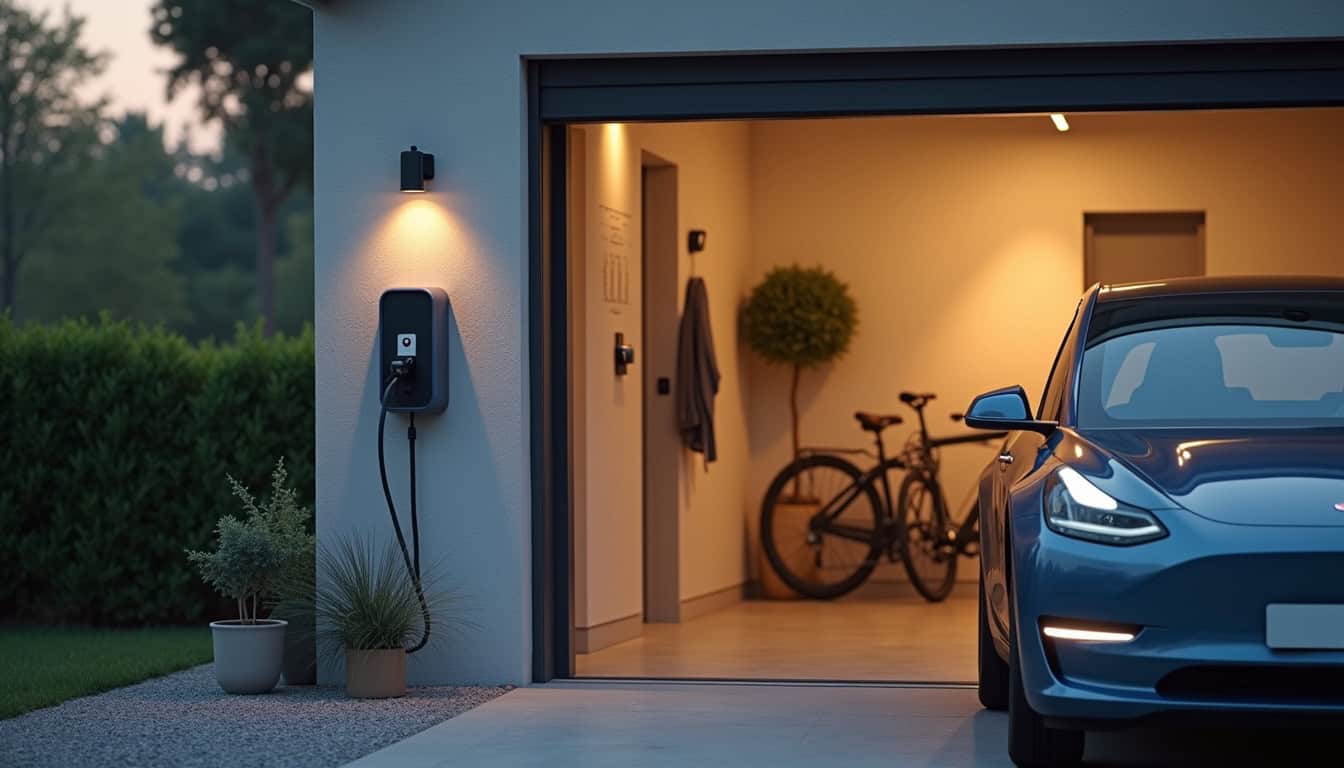 Borne de recharge électrique installée dans un garage à Mogneville, illustrant les bénéfices d'une recharge domestique sécurisée et rapide