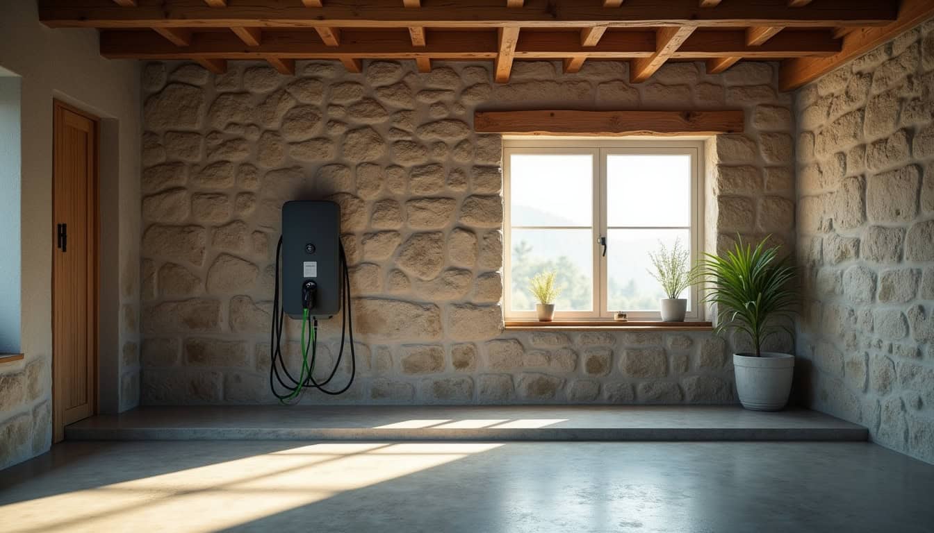 Borne de recharge électrique installée dans un garage à Plourivo