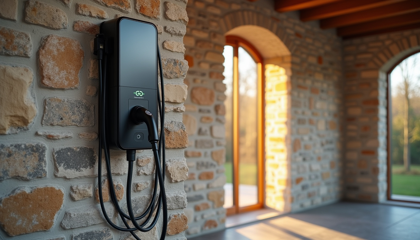 Borne de recharge électrique installée dans un garage à Saint-Jeoire-Prieuré, avec câblage sécurisé et mur en pierre apparente