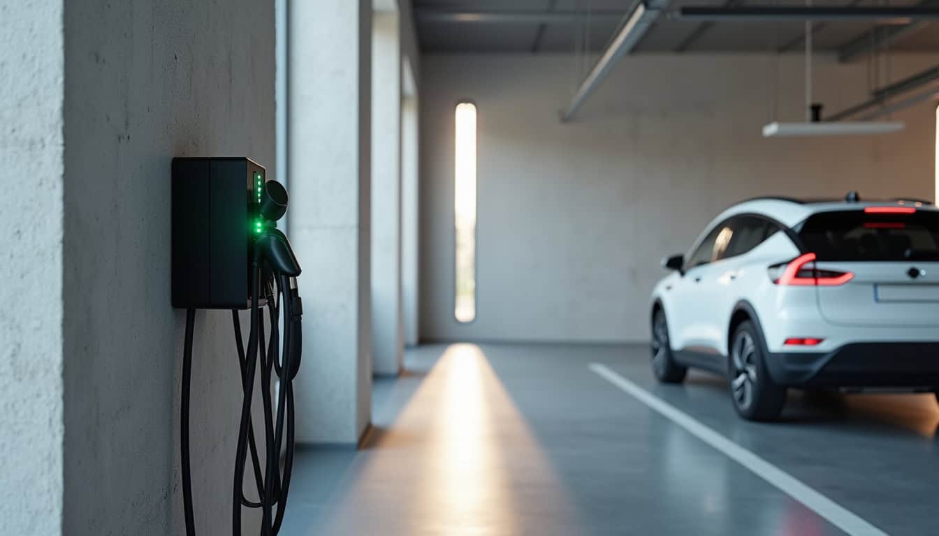 Borne de recharge électrique installée dans un garage à Sainte-Euphémie