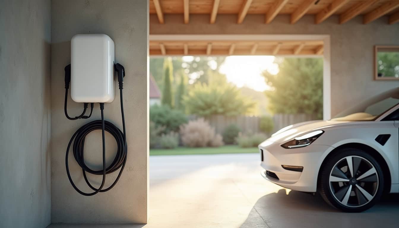 Borne de recharge électrique installée dans un garage à Sylvains-Lès-Moulins