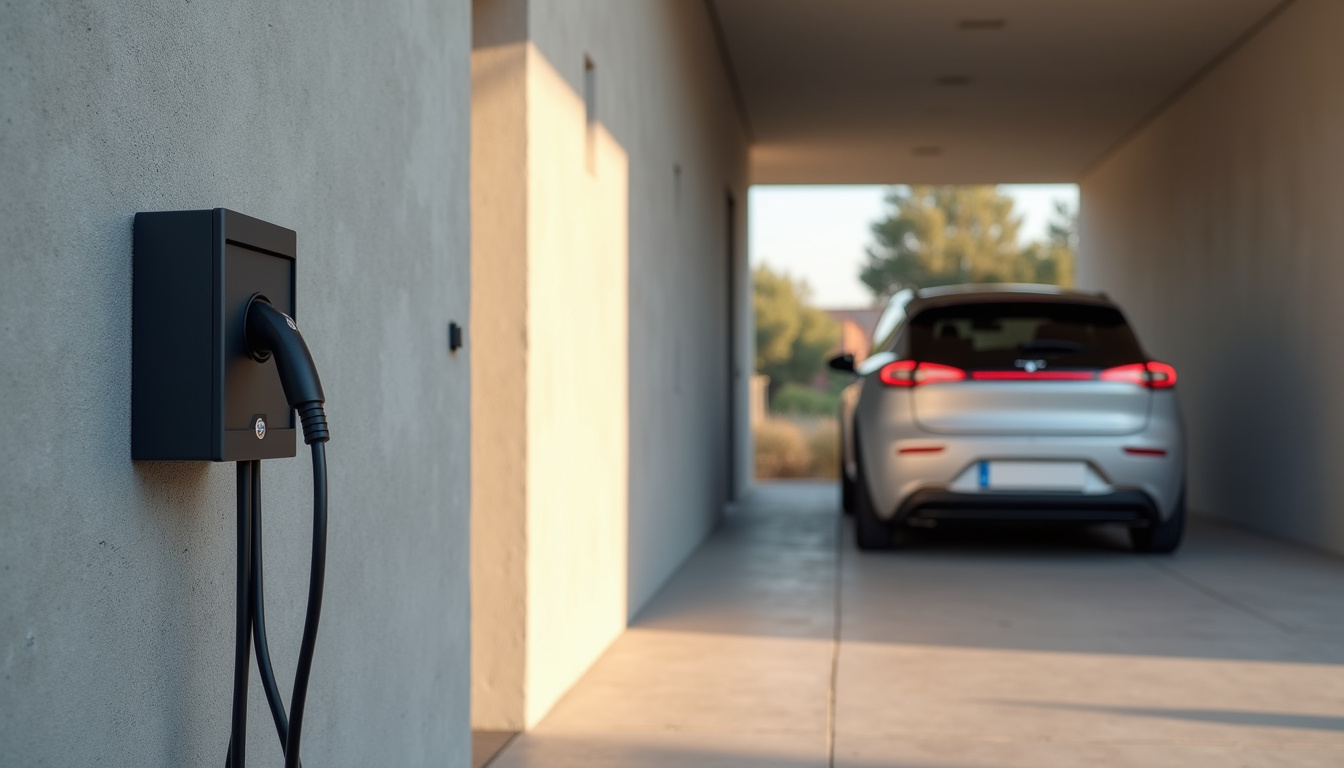 Borne de recharge électrique installée dans un garage de maison à Brue-Auriac