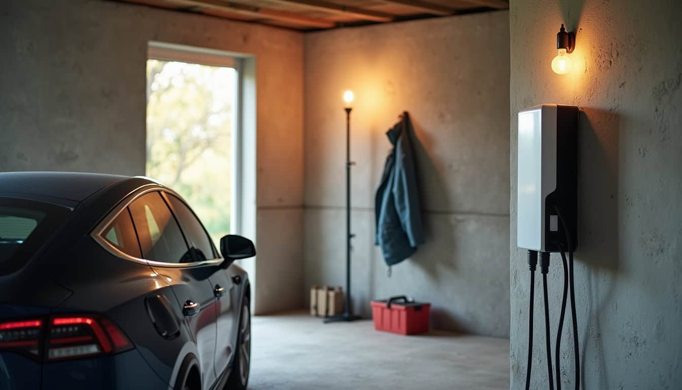 Borne de recharge électrique installée dans un garage de maison à Le Breil-sur-Mérize