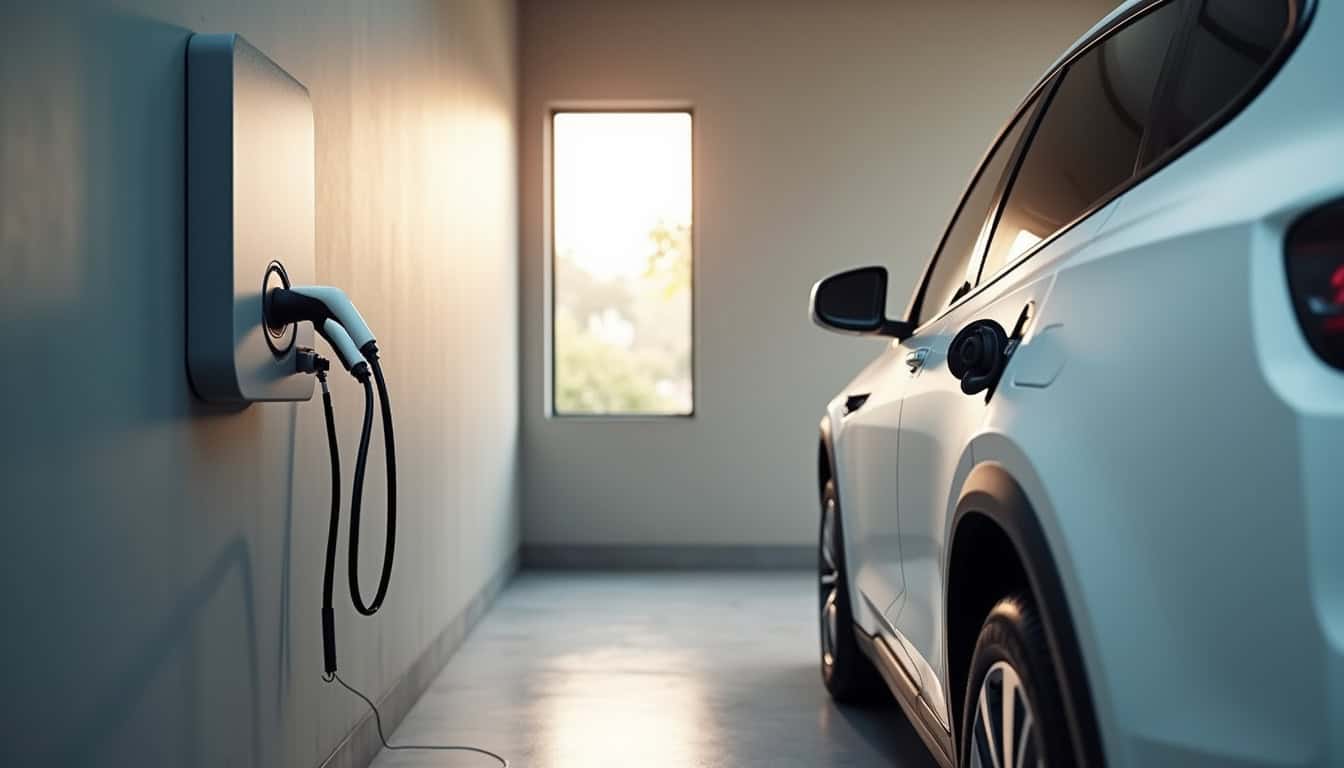 Borne de recharge électrique installée dans un garage en journée