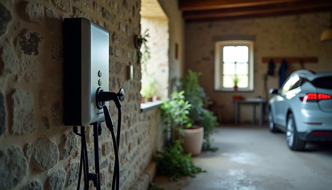 Borne de recharge électrique installée dans un garage en zone rurale des Côtes-d'Armor