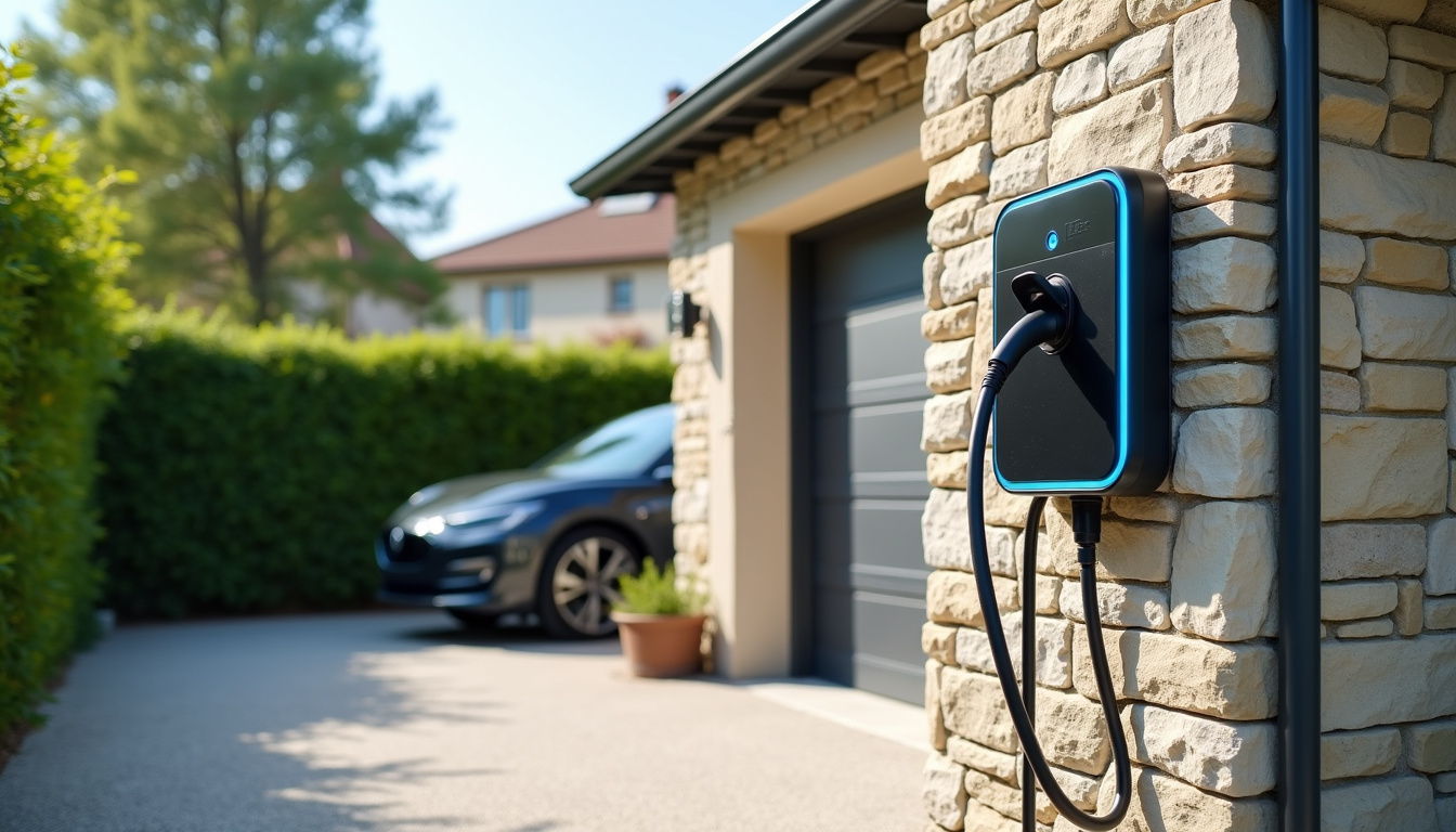 Borne de recharge électrique installée dans un garage extérieur à Athies-sous-Laon, vue de jour avec véhicule électrique branché