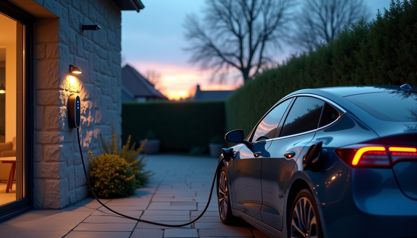 Borne de recharge électrique installée dans un garage individuel à Guyancourt, vue extérieure avec voiture en cours de charge