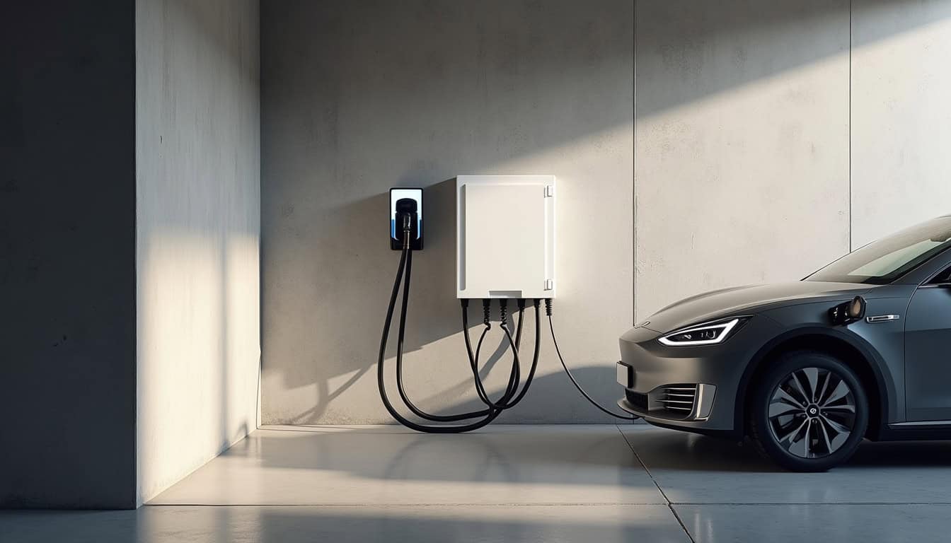 Borne de recharge électrique installée dans un garage privé à Pont-à-Marcq