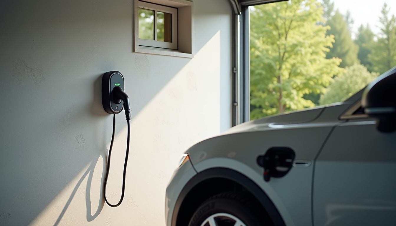 Borne de recharge électrique installée dans un garage privé à Saint-Jean-de-Gonville, vue de jour avec véhicule électrique en charge