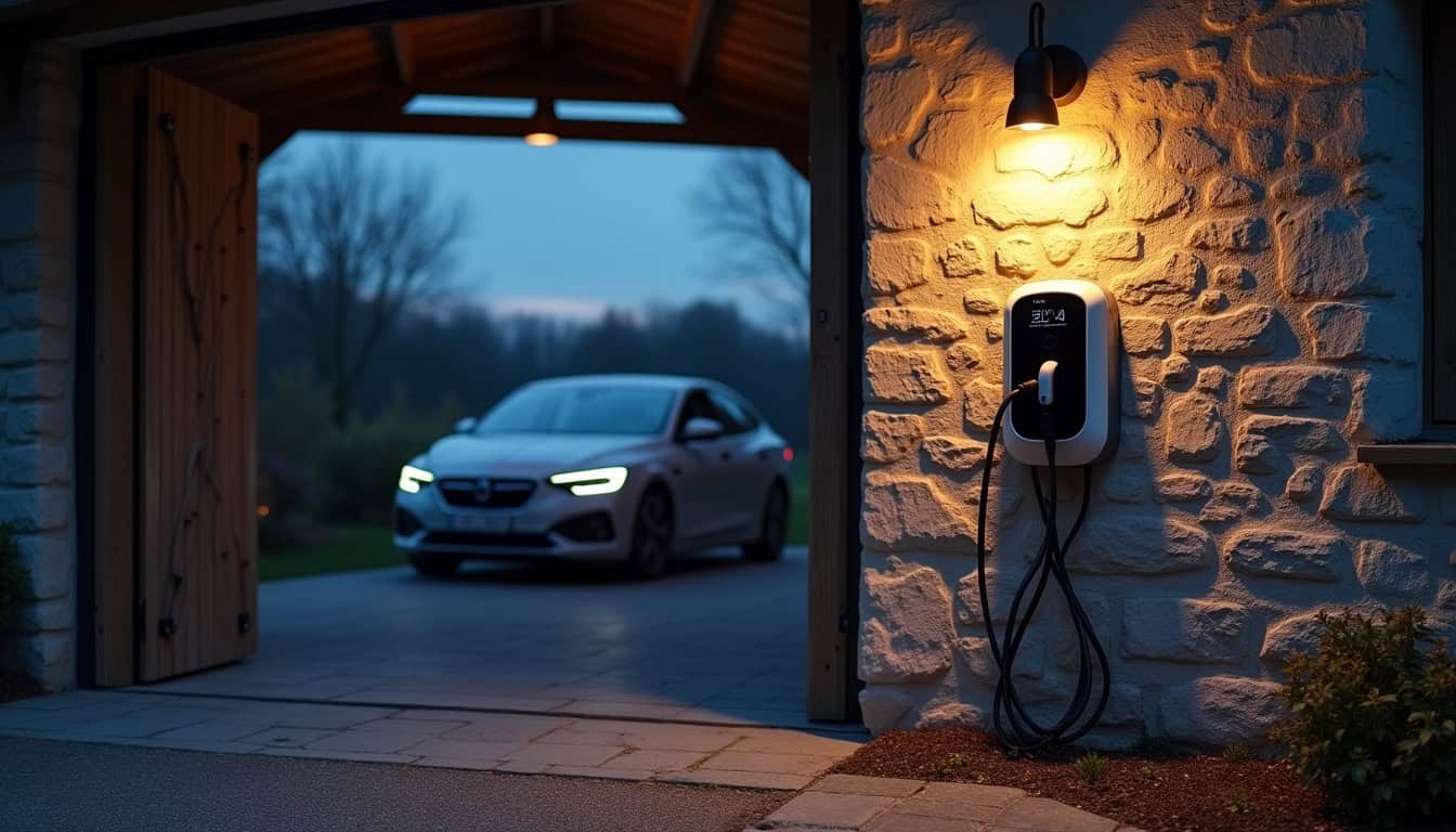 Borne de recharge électrique installée dans un garage privé dans le Calvados, utilisée au quotidien