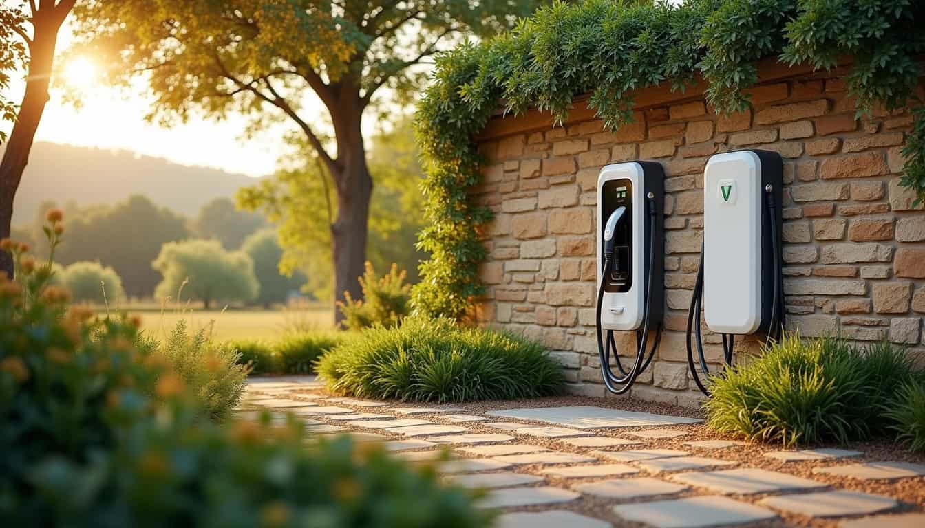 Borne de recharge électrique installée dans un jardin à Baix, en Ardèche