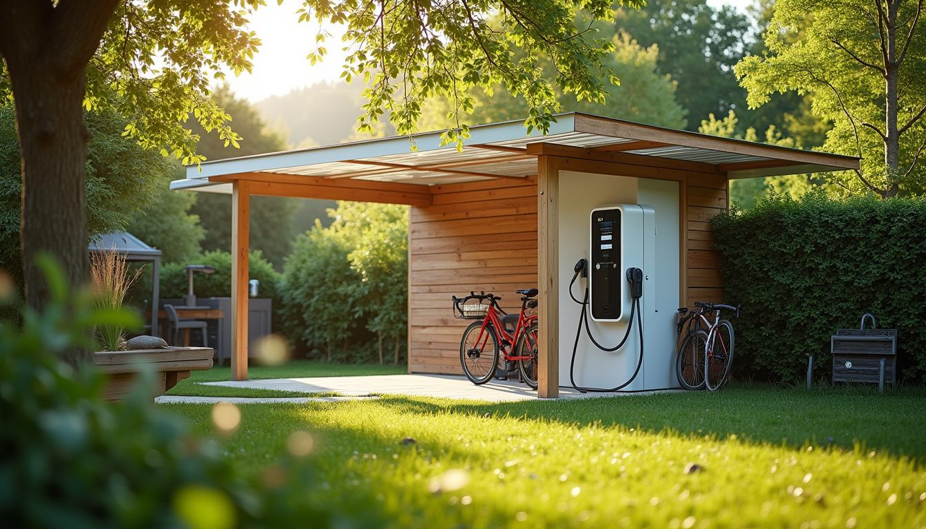 Borne de recharge électrique installée dans un jardin à Bitche, sous un abri extérieur