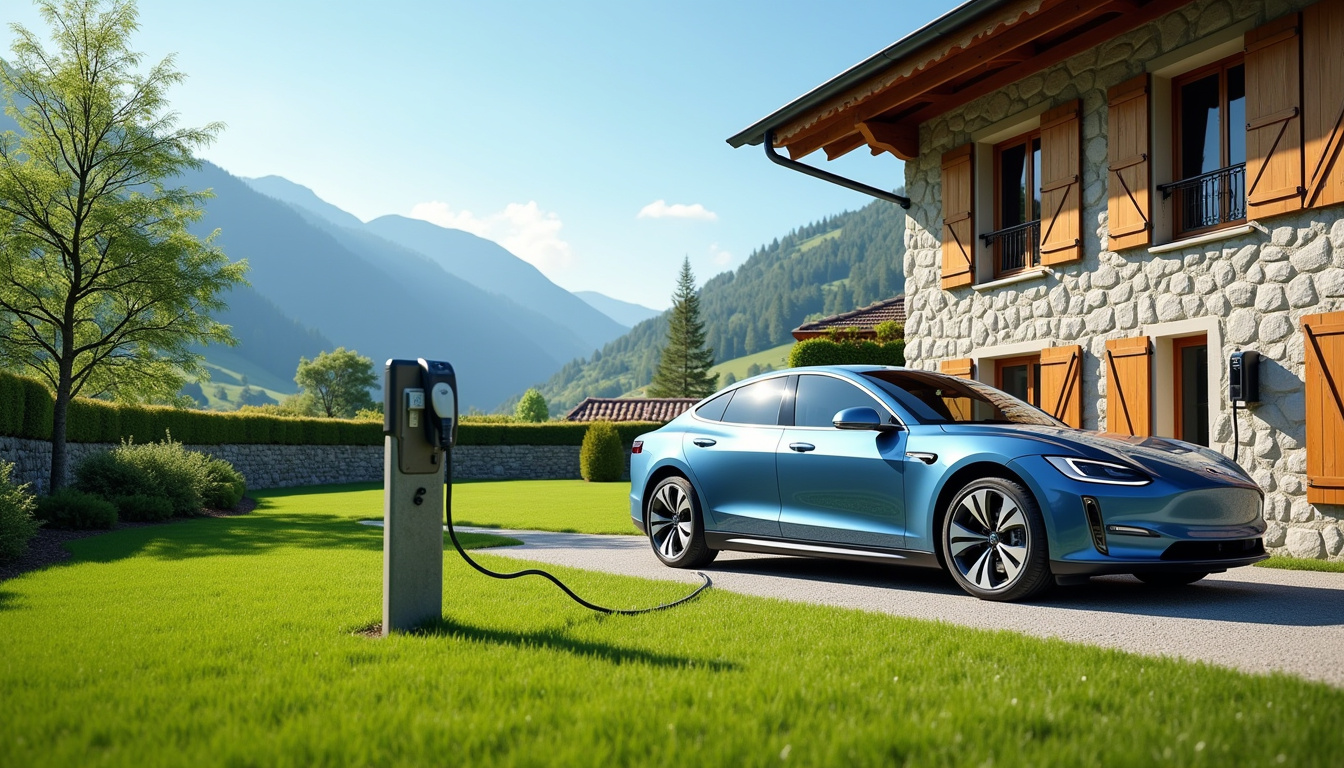Borne de recharge électrique installée dans un jardin à Bons-en-Chablais, vue de jour avec un véhicule en charge
