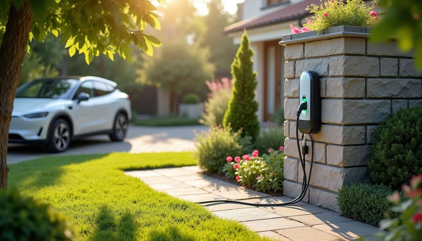 Borne de recharge électrique installée dans un jardin à Chinon, vue de jour avec véhicule électrique à proximité