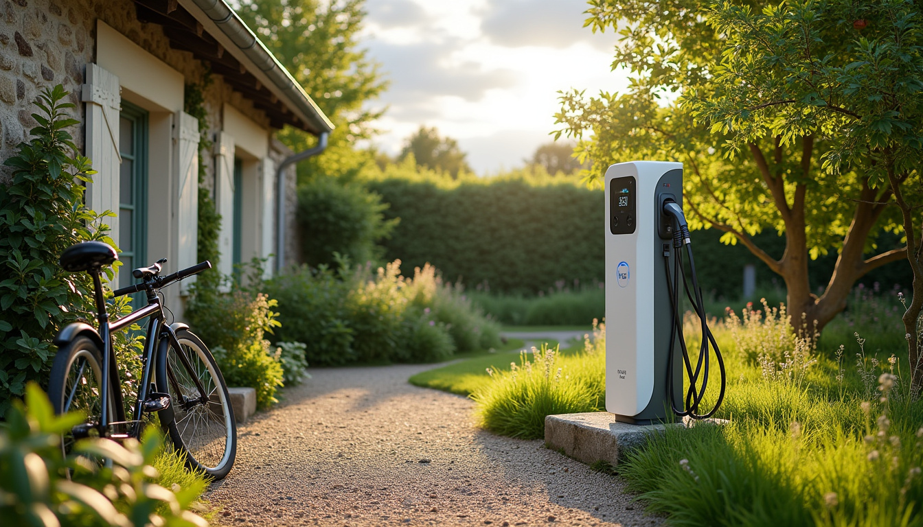 Borne de recharge électrique installée dans un jardin à Cintré, en milieu rural breton