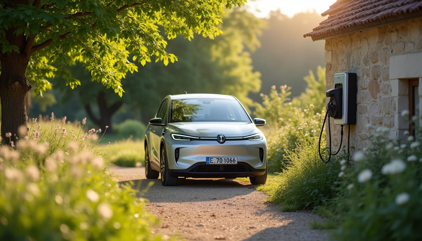 Borne de recharge électrique installée dans un jardin à Craintilleux, en milieu rural, avec un véhicule électrique en cours de charge