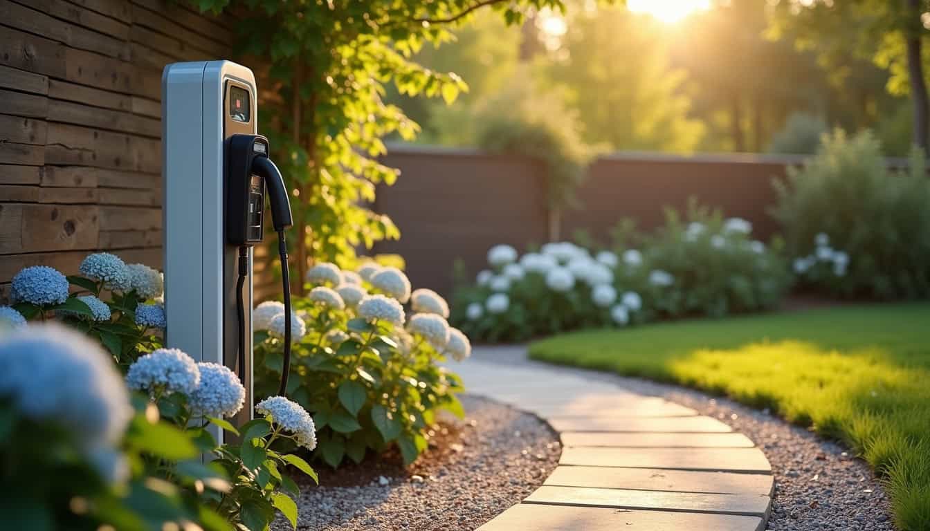 Borne de recharge électrique installée dans un jardin à Crécy-en-Ponthieu