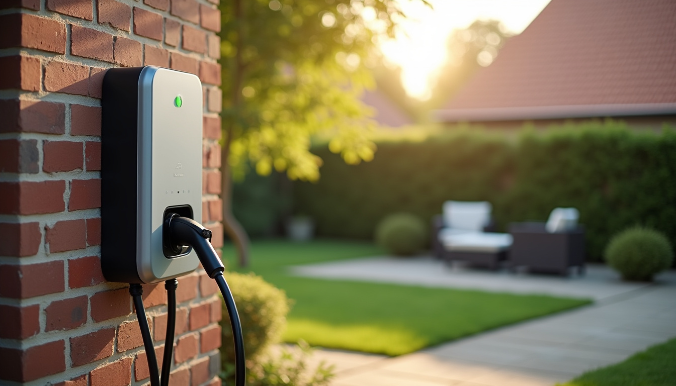 Borne de recharge électrique installée dans un jardin à Domloup, près d'une maison individuelle