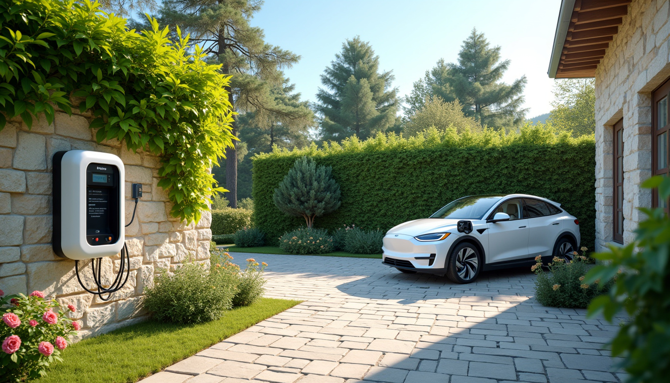 Borne de recharge électrique installée dans un jardin à Donzac, vue extérieure en journée