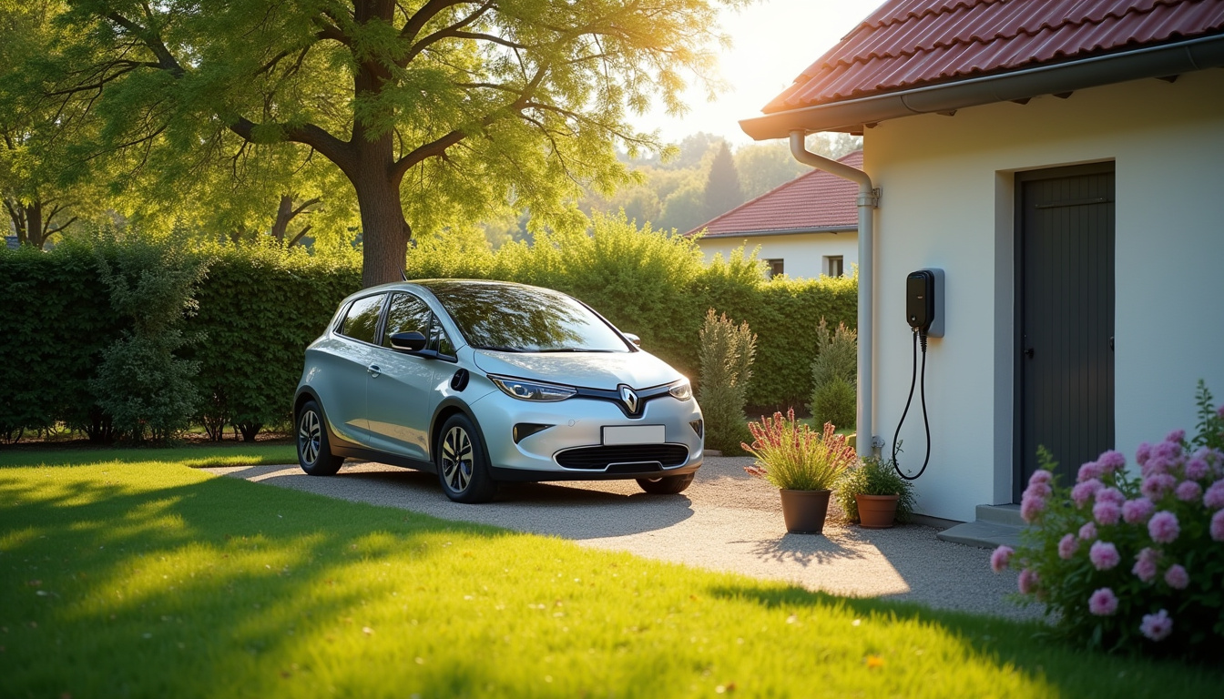 Borne de recharge électrique installée dans un jardin à Épervans, près d'une voiture électrique garée